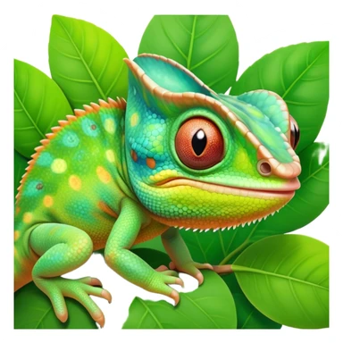 cinematic cute-smiling baby chameleon-realistic emoji,-blending-with-vibrant-greenery.-detailed-scales-in-shifting-colors,-showing-the-chameleon’s-ability-to-camouflage.-soft-natural-light-highlights-its-texture.-light-background, zoomed into its face sticker