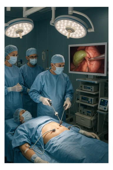 A realistic, clinical image inside a modern operating room during a laparoscopic cholecystectomy (gallbladder removal surgery). A team of surgeons in sterile gowns, masks, and gloves focus intently on the patient lying on the operating table. High-tech laparoscopic instruments are inserted through small incisions in the patient’s abdomen. On a large screen nearby, a close-up video feed shows the gallbladder being carefully dissected and removed using precise surgical tools. The environment is brightly lit with cool white surgical lights, and all medical equipment is clean and state-of-the-art. The mood is professional and sterile, conveying a sense of precision, care, and medical expertise. The patient is under anesthesia, covered with sterile drapes, with monitoring devices attached sticker
