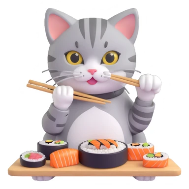 grey tabby kitten eating sushi sticker