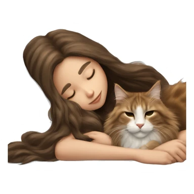girl with long brunette hair sleeping cuddled with maine coon cat sticker