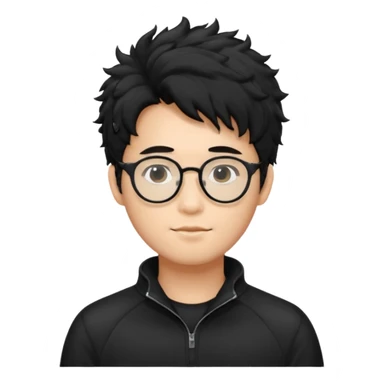 Make an Asian male with black fluffy messy hair wearing a black quarter zip and glasses sticker