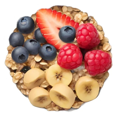 detailed oatmeal bowl with mixed berries, granola, chia seeds, and honey sticker