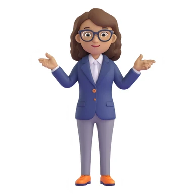 Economics professional mascot character with shoulder-length wavy brown hair, stylish glasses, navy blazer, pointing at economic symbols, full body view sticker