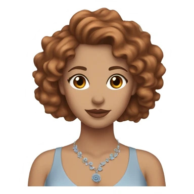 front profile emoji white girl with brown eyes brown curly hair wearing a coquette dusty blue dress, a small necklace and a pale orange rose in her hair  sticker