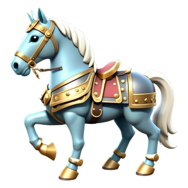 Clash of Clans aesthetic: Cinematic Playful Armored Horse Emoji, rendered in a 3D vector-style similar to standard emojis with minimal shading and bold, simplified shapes. A compact, isometric warhorse outfitted in intricately detailed armor with noble accents, softly glowing with a gallant medieval carriage charm. Simplified yet unmistakably iconic, highly detailed and consistent, glowing with a soft radiant shine and high polish. Stylized with a touch of heroic elegance and a soft glowing outline, capturing the essence of a noble steed ready for battle with a friendly, playful air! sticker