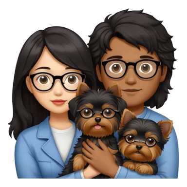 A couple holding a small Yorkshire Terrier together. The girl is Asian with long, luscious wavy black hair (loose, no hair tie). She is next to her boyfriend, a brown-skinned man wearing glasses with a korean haircut sticker