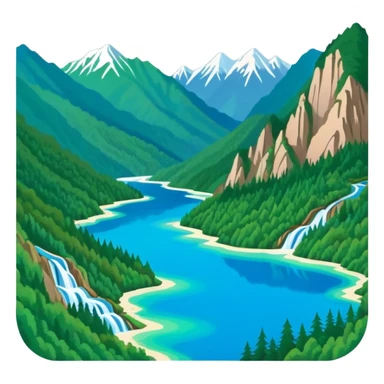Jiuzhaigou Valley colorful lakes, simplified emoji style with bold outlines and bright colors, cartoon style blue water with mountains sticker