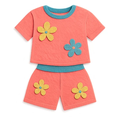 illustration of a women's short and tee shirt set with a floral pattern in paper-craft style sticker