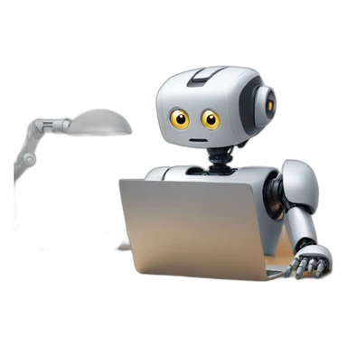 robot behind desk with laptop sticker