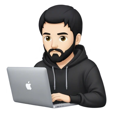 hackeur blanc cheveux noir barbe et capuche noir avec un macbook sticker