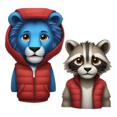 a lion and a raccoon with blue and red combined clothing sticker
