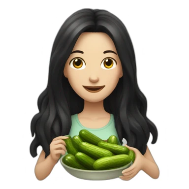 white woman with black long hair while eating pickles sticker