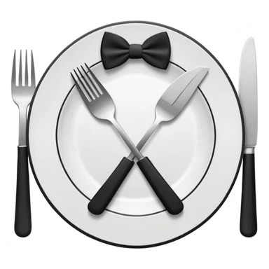 Minimalistic flat vector icon, iOS style, thin black contour on white background. Fork and knife crossed on a plate with a small bow tie above. Clean, no text, no shadows sticker