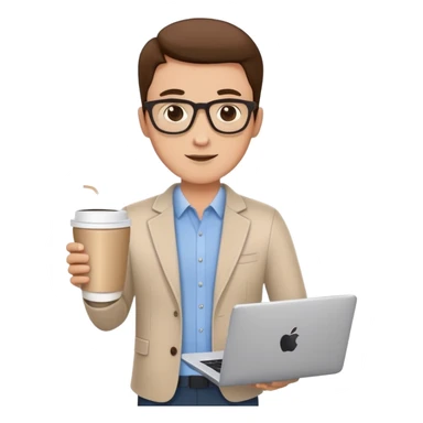 business owner confidently, holding a closed laptop in one hand and a takeaway coffee cup in the other. The character wears casual-smart clothes. sticker