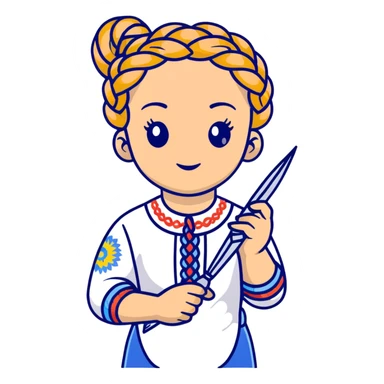 Ukrainian young girl with braided hair wearing a white embroidered traditional shirt (vyshyvanka) holding scissors and colorful craft paper sticker