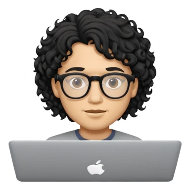guy with wavy kinda curly black hair and skin cream and glasses, with a macbook sticker