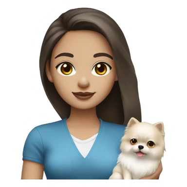 Brunette girl with light skin and blue eyes holding a white pomeranian  sticker