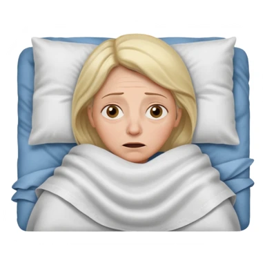 A 55-year-old woman lying in bed, unable to sleep. She looks exhausted and desperate, with visible dark circles under her eyes, tired facial expression. She is under the blankets, staring at the ceiling.  sticker