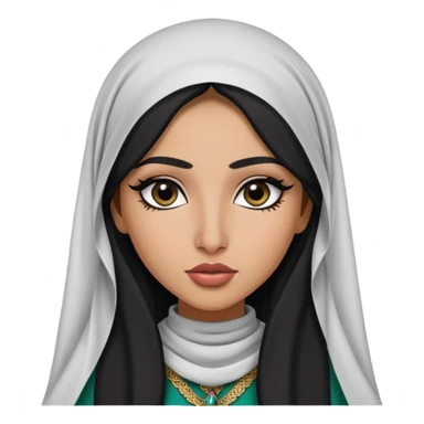 Arab nose, pretty lips, palestinian clothes, medium skin,  long hair, veil, pretty bratz baddie, black eyeliner sticker