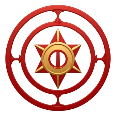a circular casting sigil inspired by the wizard101 balance school using base color sand and trim color red with A golden scale in the middle as a the main focus  sticker