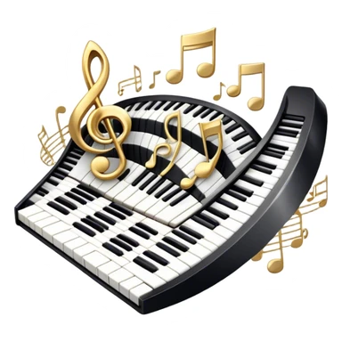 Create an elegant and festive emoji collage representing keyboard instruments, styled like a heraldic emblem. The design should feature a central focal point of black and white piano keys, arranged in a semi-circular or shield-like shape. Around the piano keys, add intertwining musical notes that form flowing ribbons, creating a dynamic and celebratory atmosphere. The design should be professional, with polished silver and gold accents on the keys and notes, highlighting the luxury and sophistication of the instruments. Add subtle shading and lighting effects to give the design a refined, 3D appearance. The background should remain transparent, and the overall feel should evoke grandeur, artistry, and a sense of celebration. sticker