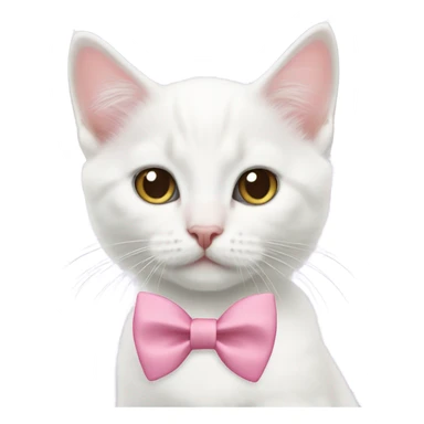 A white kitten wearing a pink bow tie sticker