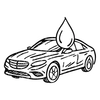 hand-drawn outlined icon of a full high-end vehicle with glossy black paint, strong shine and reflections, water droplet sliding on the surface, subtle repellent effect, clean and modern sticker
