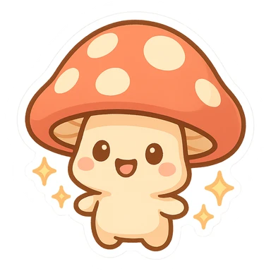 chibi sticker-style mushroom with sparkles, cute and exaggerated sticker