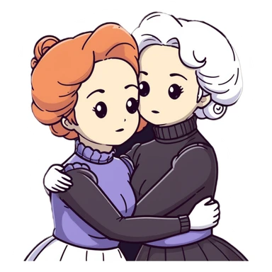 Two Victorian women with grey eyes in a sad, intimate hug. One has bright white coiffed hair, one has dark copper coiffed hair. Both wearing Victorian turtleneck dresses with arms tightly around each other. sticker