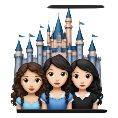 Quiero que crees una imagen donde este el castillo de Disney y por detrás o delante pon a 4 chicas: una con el pelo largo rizado marrón , otra con el pelo muy corto negro, otra con el pelo mediano liso marrón y otra con el pelo negro largo liso sticker