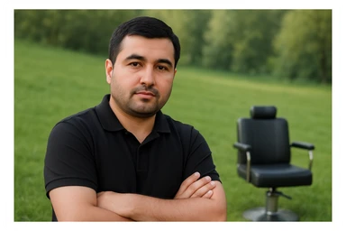 uzbek sartaroshi qo'lini qovushtirib turibdi yon taraf sal pastroq rakusdan sticker