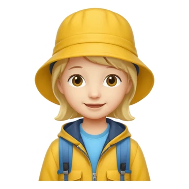Little student wears yellow bucket hat and jacket, backpack, happy sticker