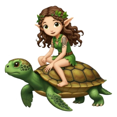 tiny forest elf long curly brown hair tattoos riding turtle sticker