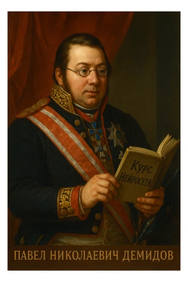 Павел Николаевич Демидов заинтересовано изучает в руках книгу на которой написано Курс Нейросети рисованный стиль sticker