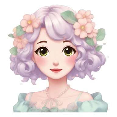 Gorgeous pastel anime style lady with blushing face and flowers cottagecore fairycore pastelcore colorful pearly romantic simplistic aesthetic trending style sticker
