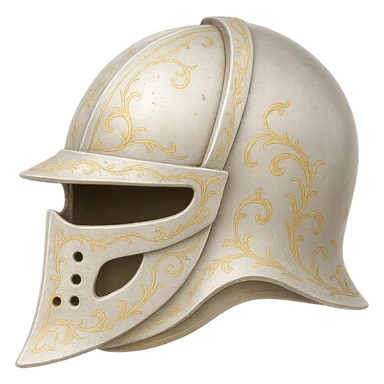 Recolor the helmet to a very light metallic silver color with subtle, elegant gold engravings. The gold should be soft and not too yellow or green, matching the gold tone and style of the provided silver shield reference. Transparent background. sticker