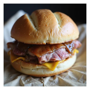 A traditional Bavarian sandwich with a thick slice of Leberkäse, golden-brown outside, juicy and slightly pink inside, in a crusty round white bread roll (Kaisersemmel), lightly floured, with a dab of sweet Bavarian mustard. Realistic, appetizing, and detailed. sticker