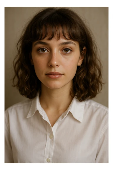 portrait of a young woman, 22, with brown eyes and light brown, slightly curly shoulder-length hair with bangs, subtle makeup, dressed in a white dress shirt sticker