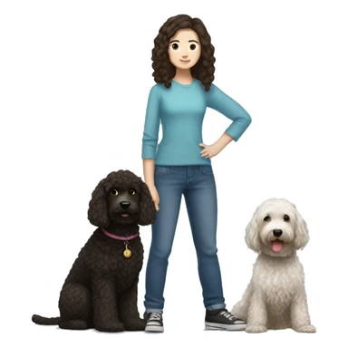 Short haired Brunette girl with blue eyes holding a black and white golden doodle sticker