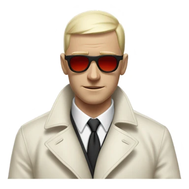 <excerpt>
A white man with real buzz cut Black hair, short mutton shops donning small red tinted sun glasses in a dirty white trench coat, is serious.
</excerpt> sticker
