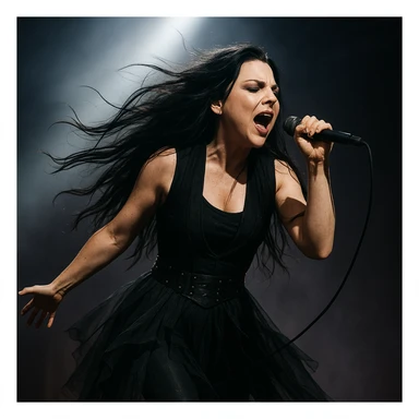 Amy Lee performing on stage, expressive pose, gothic rock style, dark flowing hair, black outfit, spotlight effect sticker