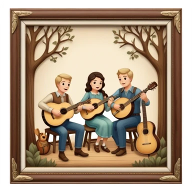 Icon for Country Music: The Carter Family, featuring a vintage scene with an acoustic guitar, banjo, and autoharp. Classic country aesthetics with warm, rustic tones, symbolizing their influence on folk and country music. Transparent background. sticker