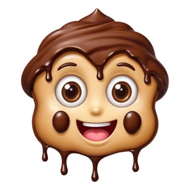 Funny cartoon chocolate mini pastry, crazy wide eyes, messy chocolate dripping, smiling distorted face, chibi style, Twitch emoji style, transparent background, colorful sticker