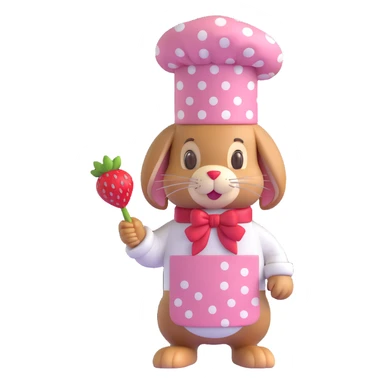 A 3D iOS 18-style bunny wearing a pink chef hat with white polka dots and a red strawberry. The bunny should have a light brown fur texture with darker brown ears and a cute, friendly expression. sticker