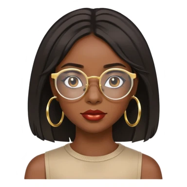 Dark Black girl with shoulder length bob with layers. She wears clear glasses and has on small gold hoop earrings and lipgloss sticker