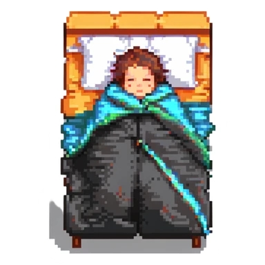 person sleeping under a blanket, pixel art style sticker
