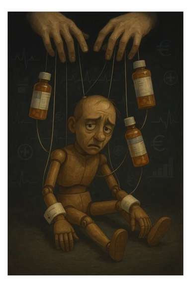 a marionette puppet with hospital bracelets and medication bottles as strings is controlled by unseen hands from above. The puppet’s face shows confusion and fatigue, representing the feeling of being managed by an invisible system. The background is dark, with faint images of medical charts and euro signs. in italiano sticker