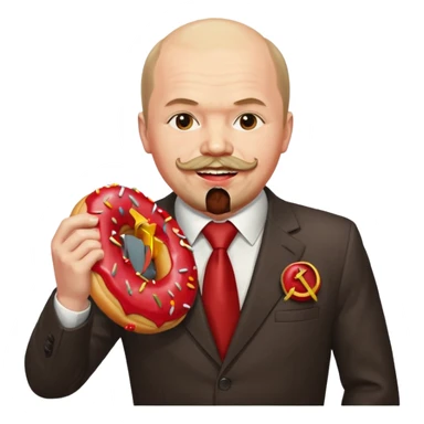 Ленин в костюме с удовольствием кусает огромный пончик-донат красного цвета, на котором нарисованы серп и молот sticker
