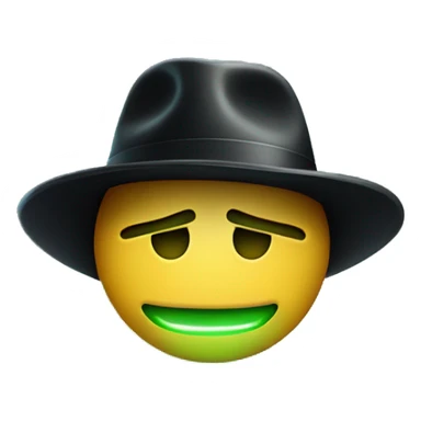 flushed face emoji with a green glowing face, wearing a black fedora hat sticker