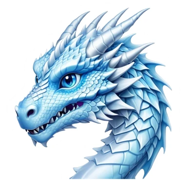 Cinematic Noble Beautiful Ice Dragon Portrait Emoji, Poised and majestic, with an ethereal, crystalline body adorned in intricately detailed scales of frosty blues and silvery whites reminiscent of glacial ice and delicate snowflakes, and piercing, cool eyes reflecting winter’s clarity; rendered with lifelike texture and subtle natural highlights, high shine, elegant and formidable, styled with an aura of chilling mythic beauty, focused and serene, soft glowing outline, capturing the essence of a legendary ice sovereign ready to glide gracefully out of the screen with timeless frosty allure! sticker